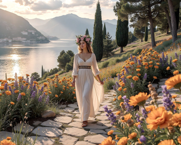 Young woman in white dress by lake at sunset