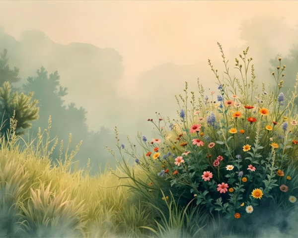 Lush Meadow with Colorful Wildflowers and Forest Background