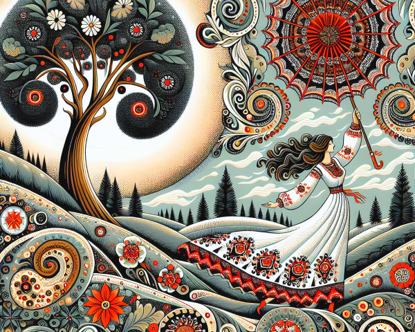 Whimsical Landscape with Woman and Vibrant Umbrella