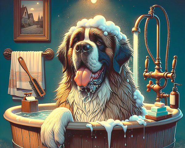 Saint Bernard dog bathes in wooden tub with suds and lamp, cozy house scene in background