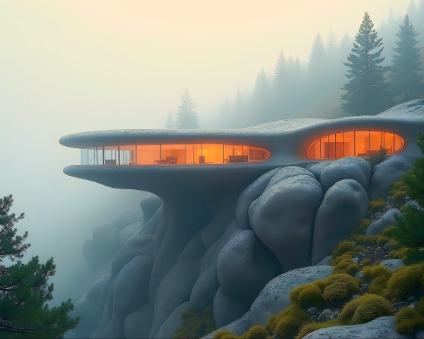 Modern cabin design harmonized with rocky cliff setting