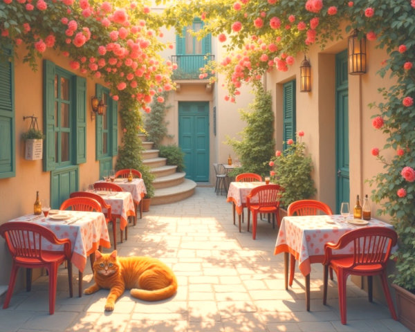 Charming courtyard cafe with red furniture and roses