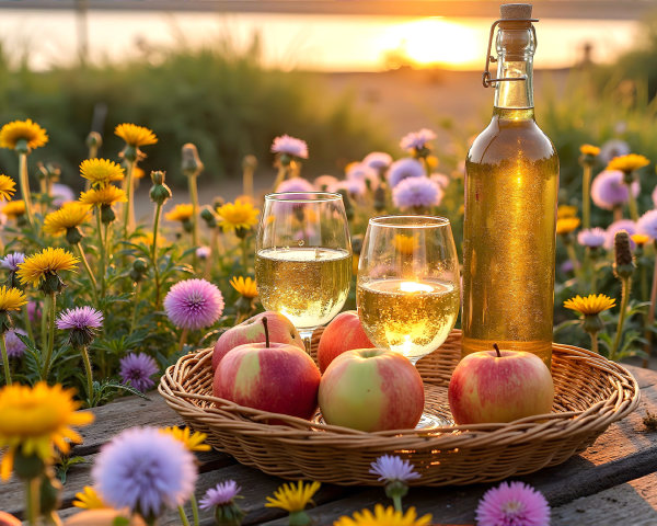 Sunset Outdoor Scene with Drinks and Fresh Apples