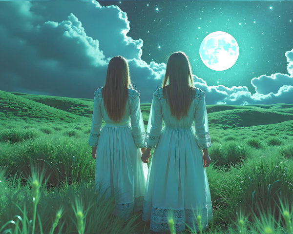 Figures in White Dresses Under a Glowing Moon