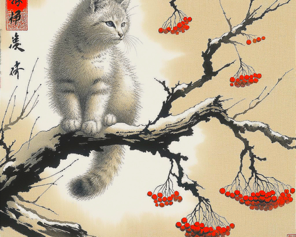 Fluffy grey kitten on a snow-covered branch with berries