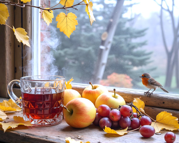 Cozy Autumn Scene with Tea and Fresh Fruits