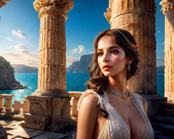 Historical Grecian setting with elegant woman and sunset seascape