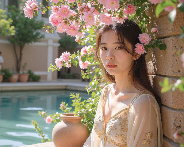 Young Woman by Tranquil Pool with Pink Flowers