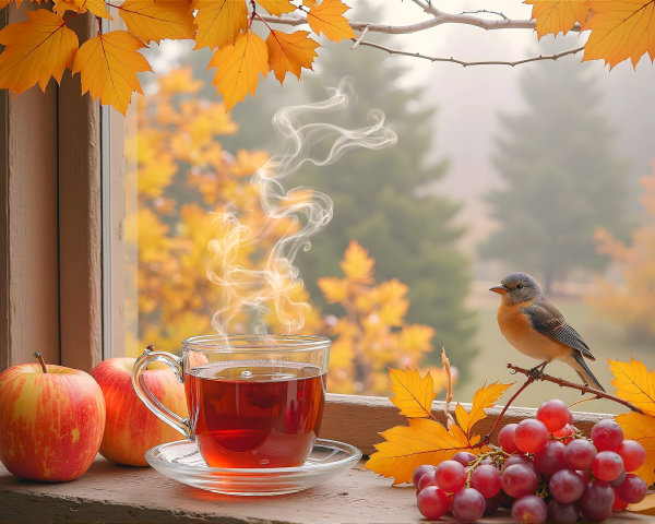 Cozy Autumn Window Scene with Tea and Fruits