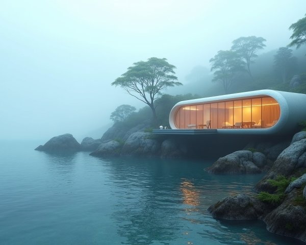 Modern Curved House by Tranquil Water and Greenery