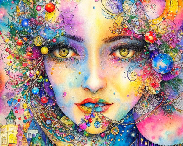 Detailed whimsical female face illustration with vibrant eyes and festive cityscape decorations.