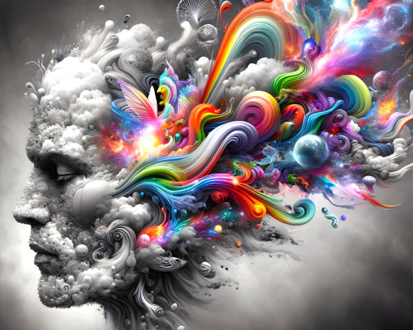 Surreal Human Face Amidst Colorful Abstract Swirls