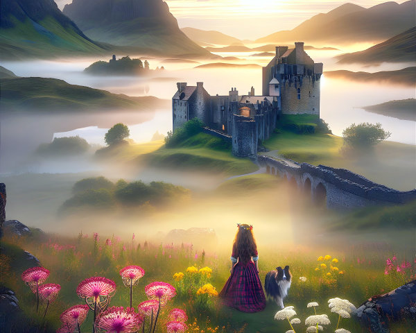 Serene Landscape with Figure, Castle, and Wildflowers