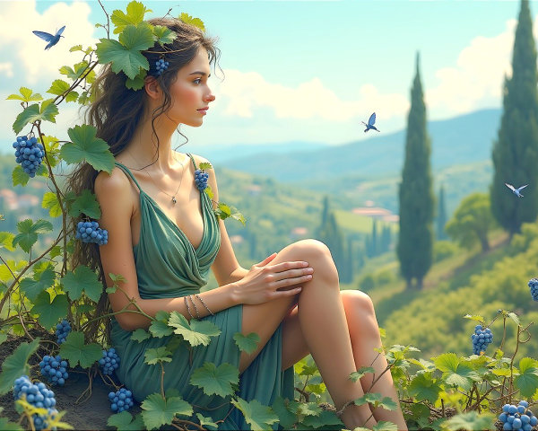 Young Woman in Green Dress Among Lush Grape Vines