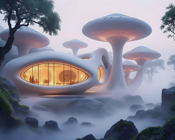 Surreal Landscape with Futuristic Mushroom Structures