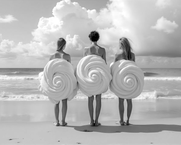 Three Figures on Beach with Foam Formations in Black and White
