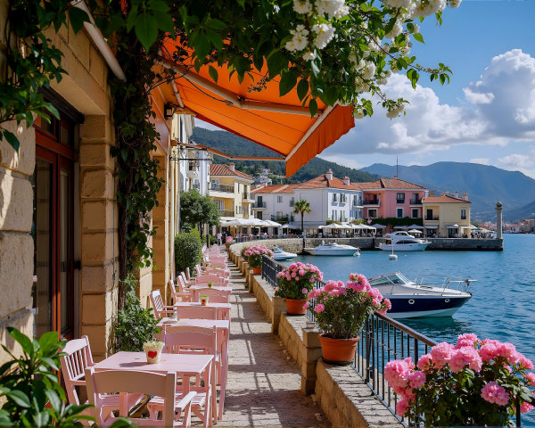 Charming Waterfront Scene with Pastel Buildings and Boats