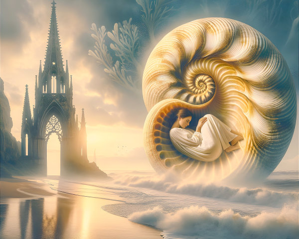 Surreal Landscape with Woman in Nautilus Shell