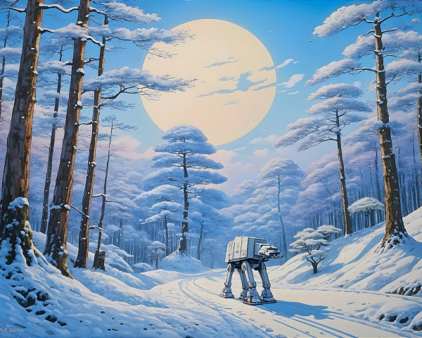 AT-AT Walker in Serene Snowy Landscape with Moon