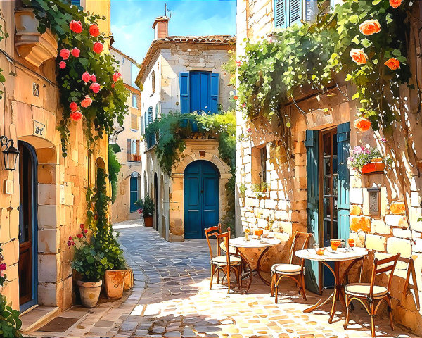 Charming Cobblestone Alleyway with Roses and Greenery