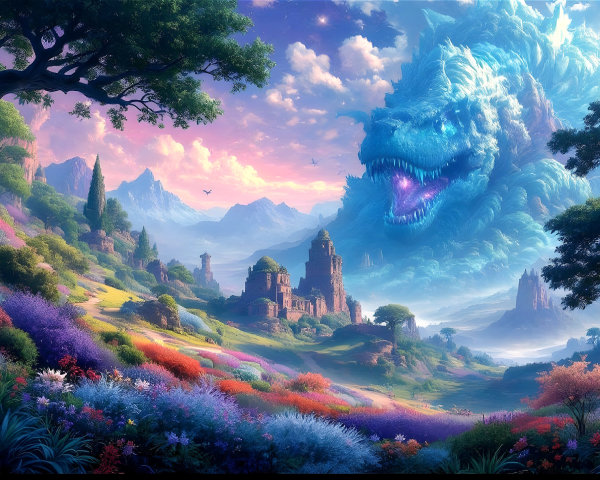 Vibrant Fantasy Landscape with Dragon and Ruins
