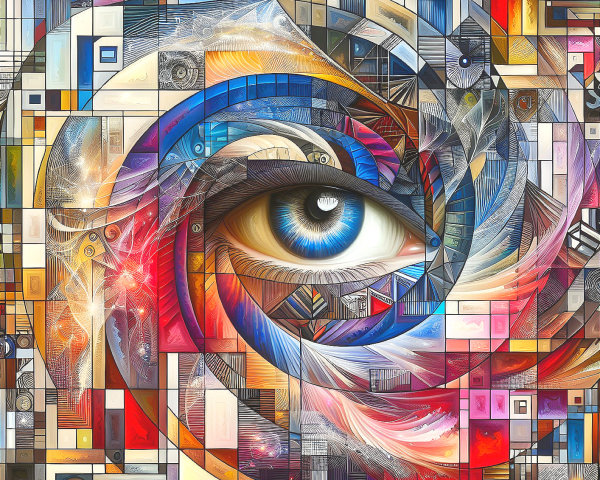 Vibrant Mosaic with Eye Symbol and Geometric Patterns