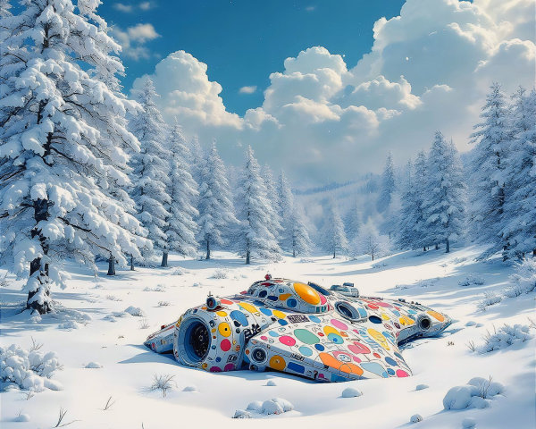 Whimsical Spaceship in a Snowy Landscape Scene