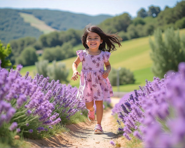 Young girl in lavender field with sunny backdrop