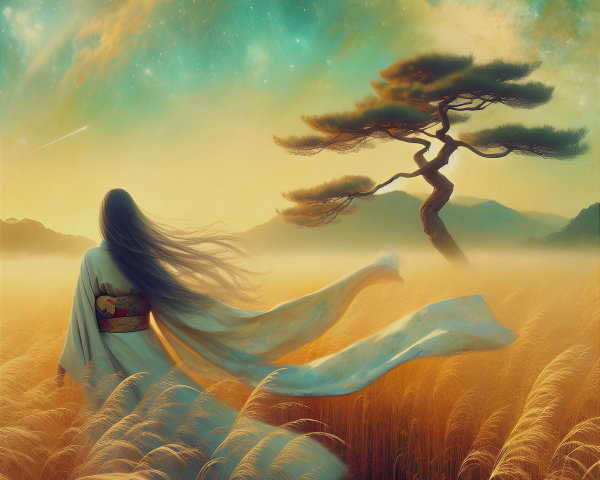 Serene figure in kimono in golden field at sunset