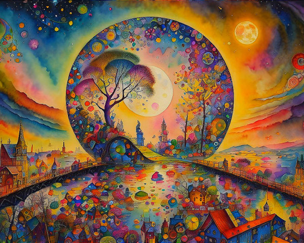 Surreal landscape with moon-like portal, tree, colorful sky, town, and celestial elements