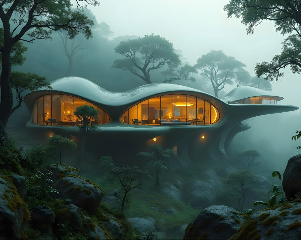 Futuristic Home Design in a Misty Forest Setting