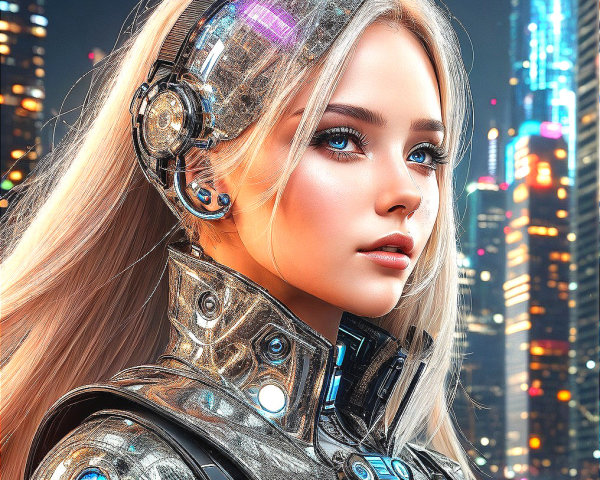 Futuristic Woman in Cybernetic Suit with Cityscape Background