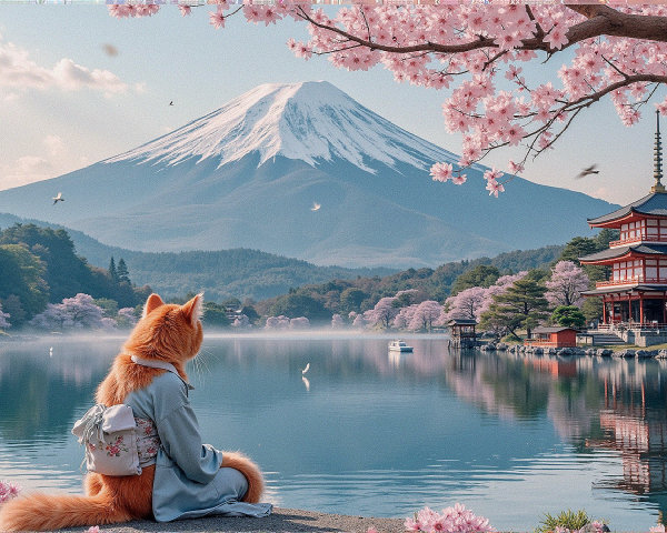 Mount Fuji Surrounded by Cherry Blossoms and Pagoda