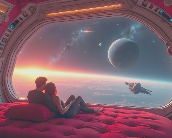 Couple on Vibrant Bed Overlooking Cosmic Sunset View