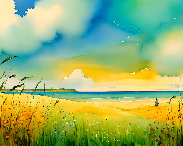 Coastal Scene with Golden Fields and Tranquil Sea