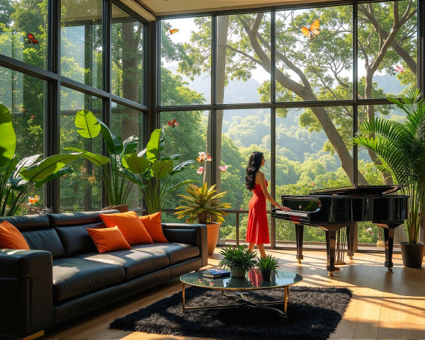 Modern Living Room with Grand Piano and Greenery View
