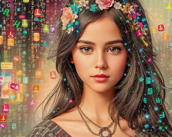 Digital artwork: Young woman with floral hair adornments on vibrant backdrop.