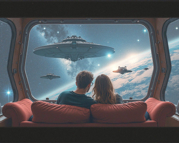 Couple on Couch Observing Cosmic Scene Through Window