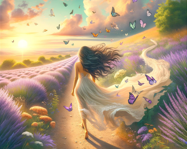 Woman Walking Through Lavender Fields at Sunset