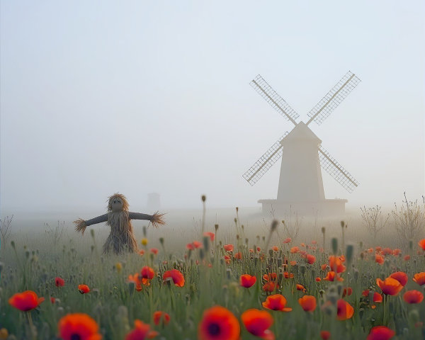 Misty Landscape with Windmill and Vibrant Poppies