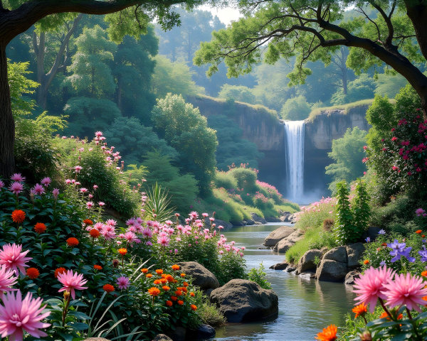 Cascading Waterfall in a Lush Green Landscape