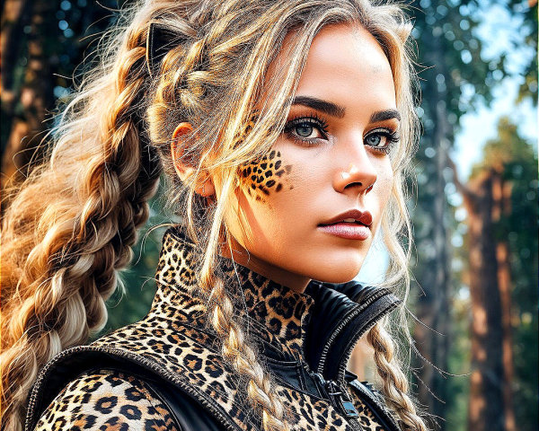 Young Woman in Leopard Print Outfit in Forest Setting
