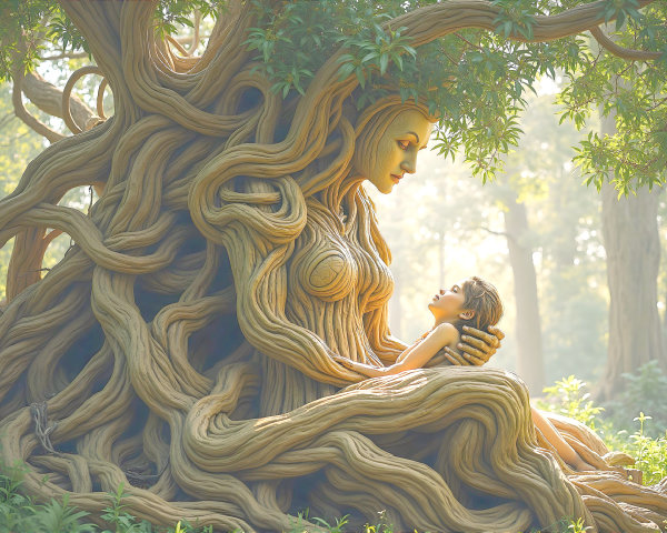 Majestic tree spirit cradling a child in a forest