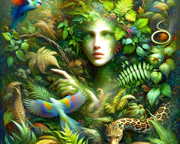 Vibrant Jungle Scene with Human-Nature Fusion