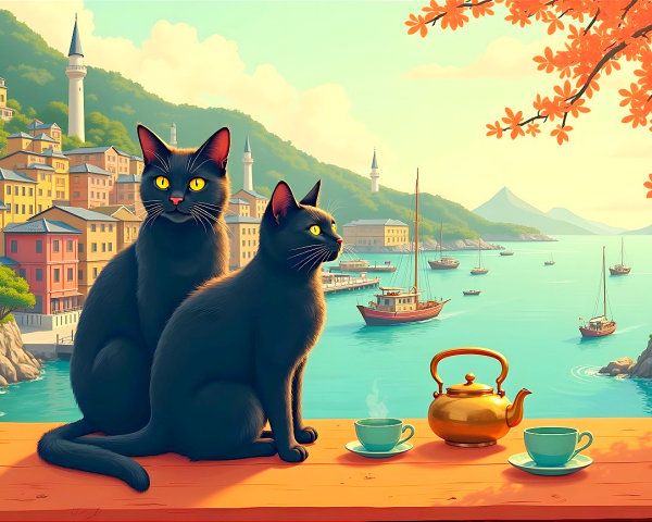 Black Cats on Ledge Overlooking Tranquil Harbor