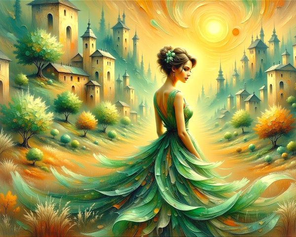 Graceful Woman in Whimsical Autumn Landscape