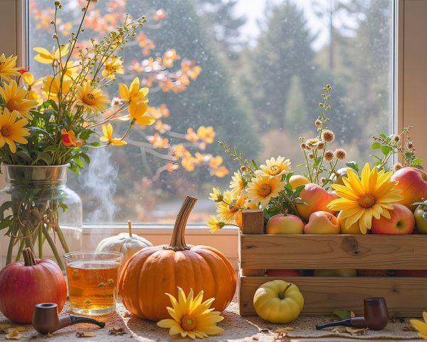 Cozy Fall Scene with Tea, Apples, and Sunflowers