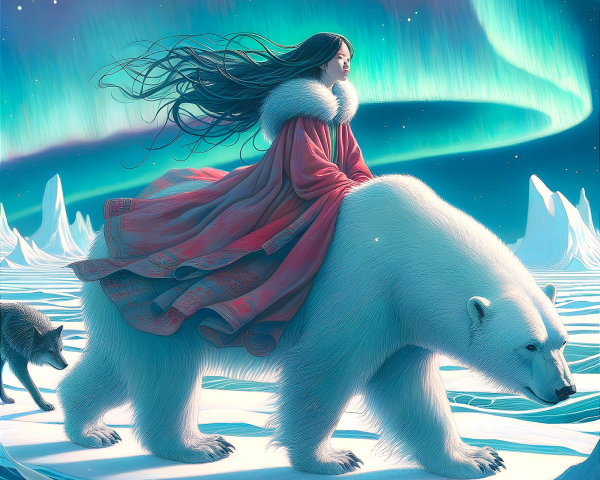 Woman in Gown Riding Polar Bear Under Aurora Borealis
