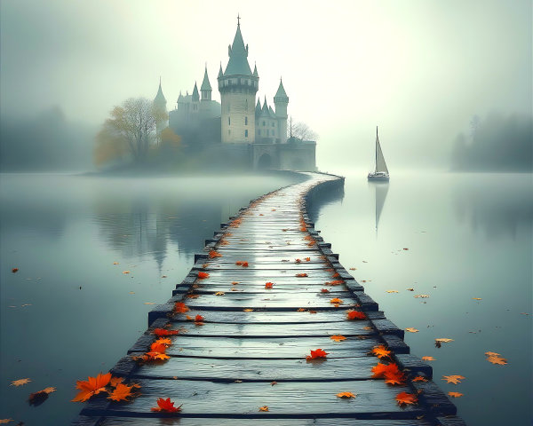 Winding Bridge to a Misty Castle in Autumn Scenery
