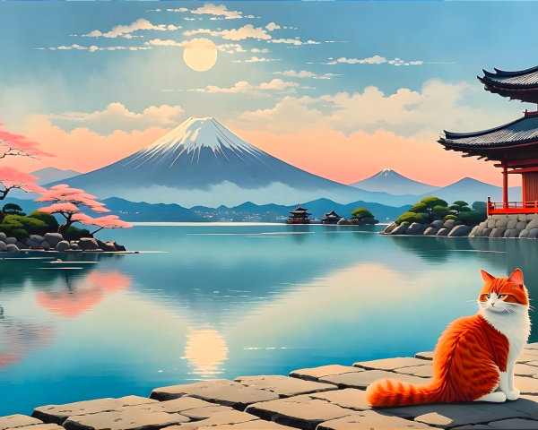 Tranquil Lake and Mount Fuji with Cherry Blossoms